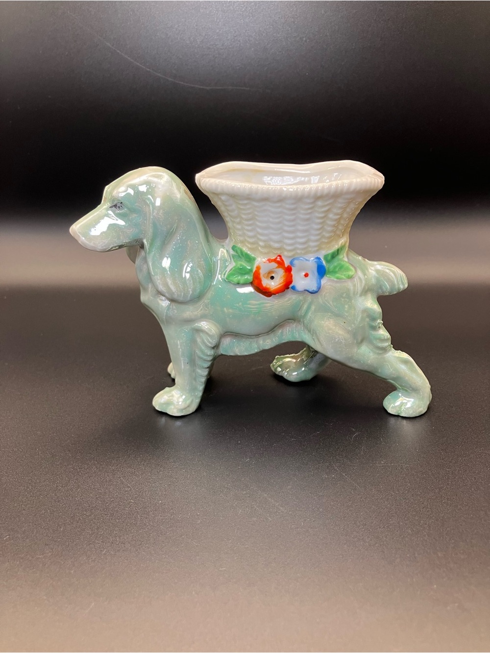 Vintage Green Lusterware Spaniel Dog Toothpick Holder with Floral Accent
